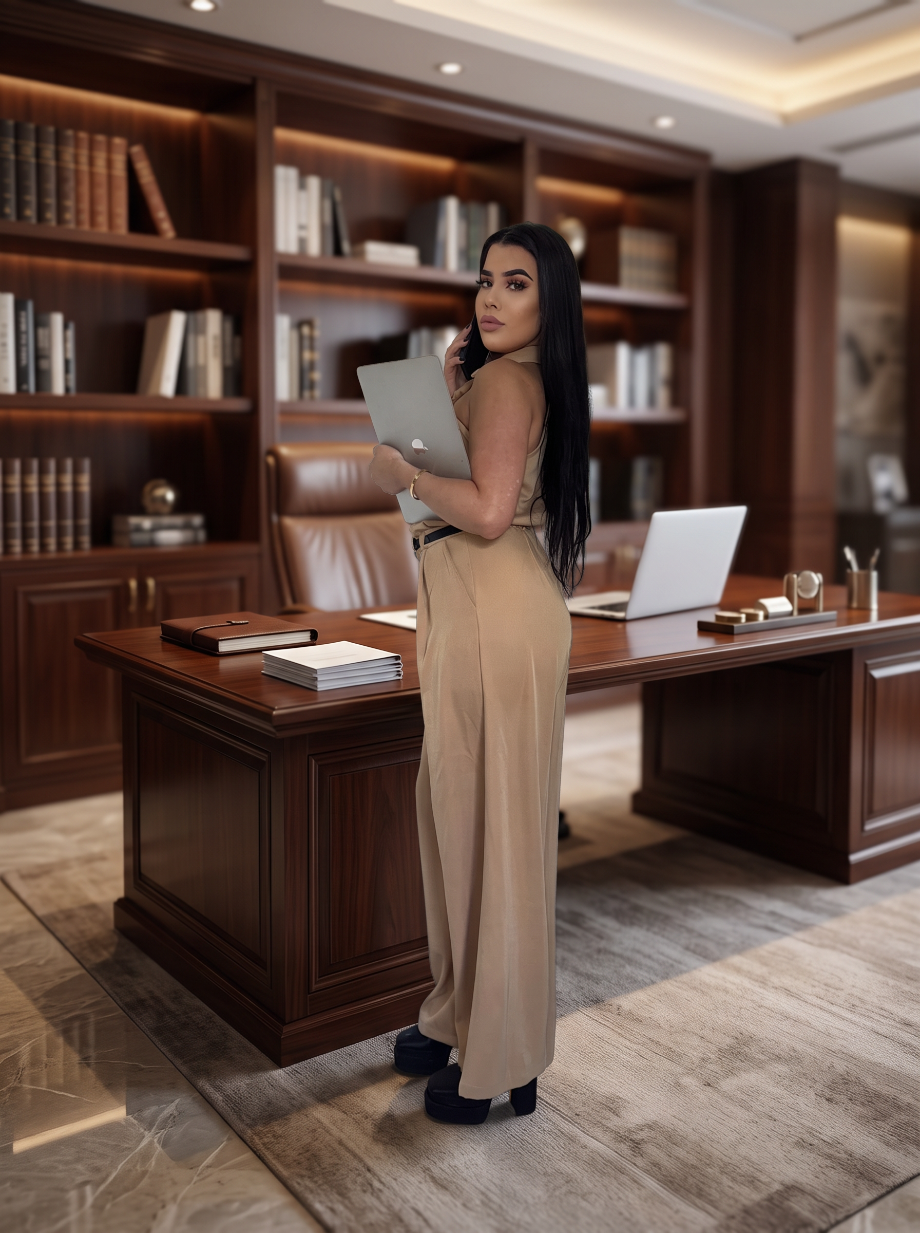 Shakira of Shakira Signature Solutions taking a remote client call with a laptop